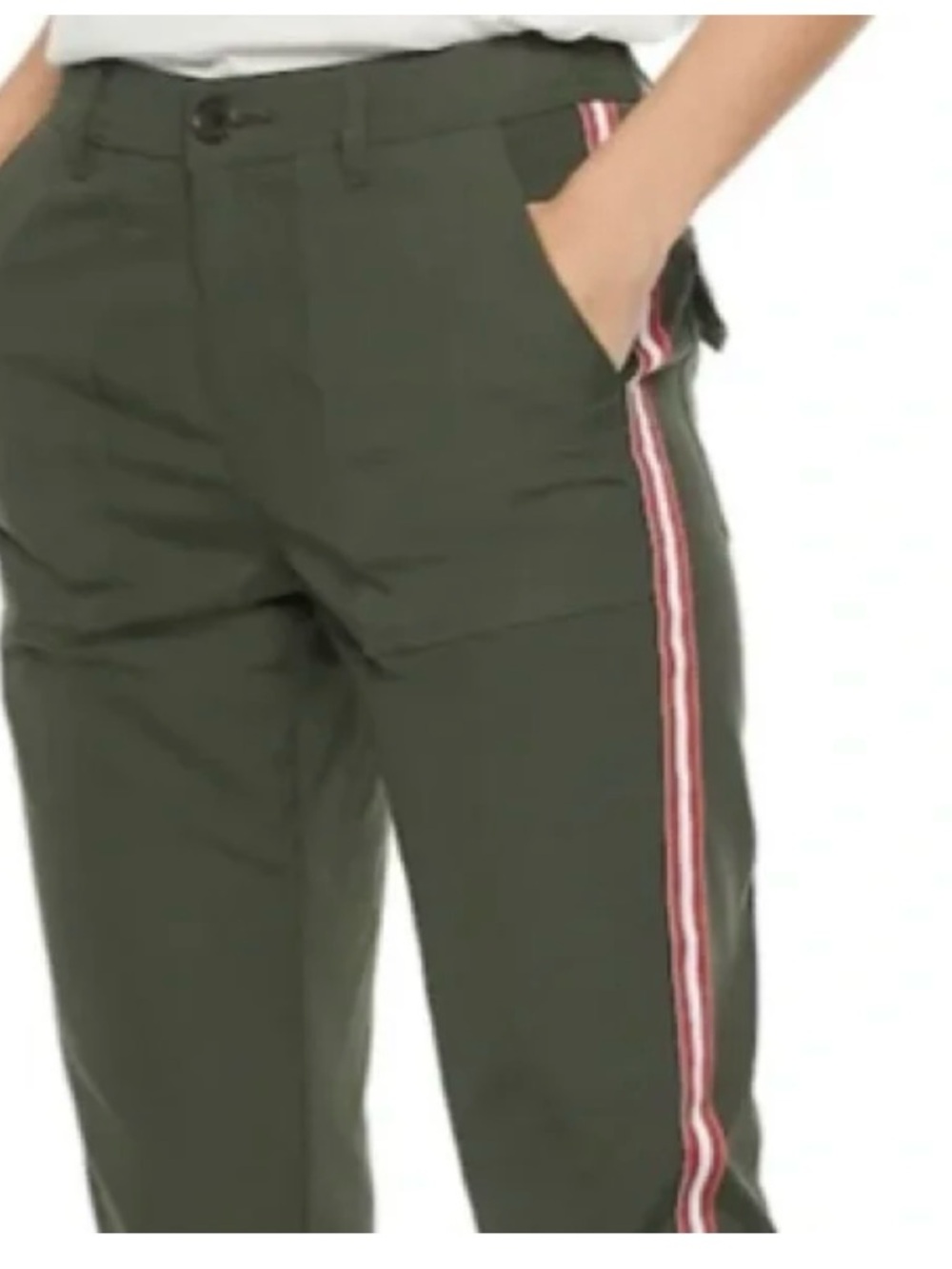 POPSUGAR Olive Straight-Leg Pants with Red & White Side Stripe